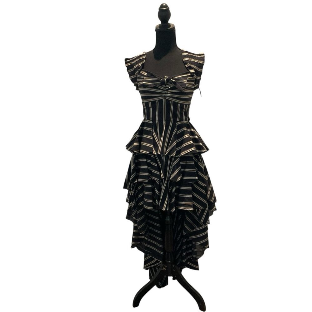 Caroline Constas Tiered High-‎ Low Layered Dress Striped Bow Ruffle Brown Small